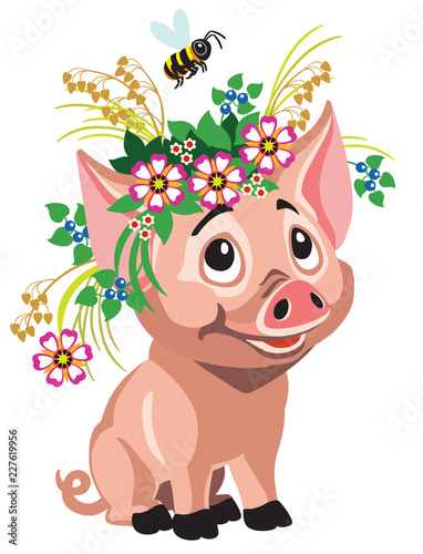 Fototapeta Naklejka Na Ścianę i Meble -  piglet wearing wreath of flowers .Cartoon baby pig .Isolated vector illustration for little kids