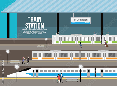 Train station vector, passenger subway transport, people walking, metro train.
