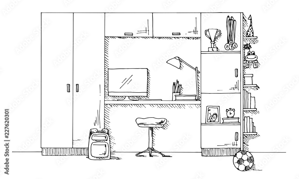 Sketch of a children's room. Teenager's room. Vector illustration