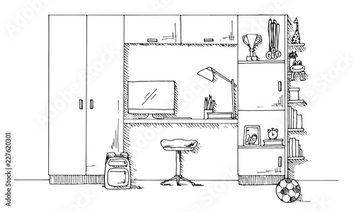 Sketch of a children's room. Teenager's room. Vector illustration