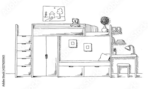 Children's room. Children's furniture. Bunk bed, table and chair. Hand drawn vector illustration of a sketch style.