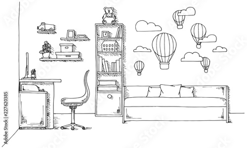 Sketch of a children's room. Teenager's room. Vector illustration