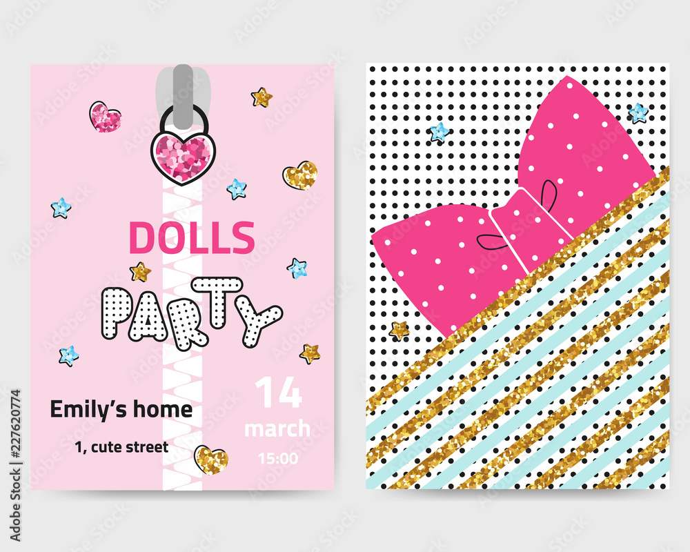Set of cute invitation cards for girls party. Fashion kids graphic ...
