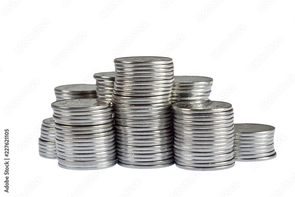 Business diagram on financial report with coins. Stack of coins placed as diagram. Isolated on white background Business diagram on financial report with coins. Stack of coins placed as diagram. Isolated on white background