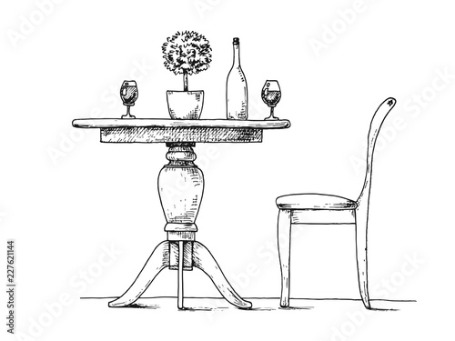 Part of the dining room. Round table and chairs.On the table vase of flowers.  Hand drawn sketch.Vector illustration