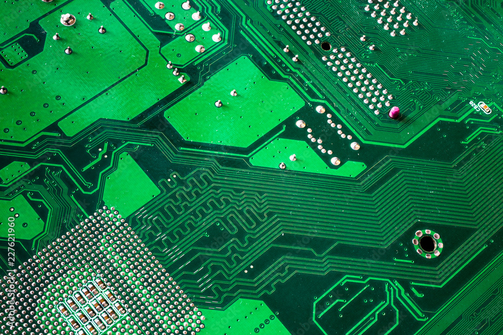 Computer motherboard. Tracks on the printed circuit board. Electronic ...