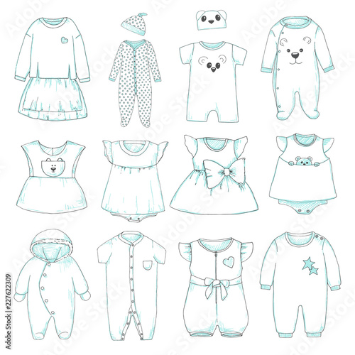Set of different children's clothing. Can be used as clothes for paper dolls. Vector illustration in sketch style.