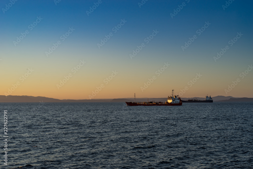 Seascape with sunset views over the Pacific ocean.