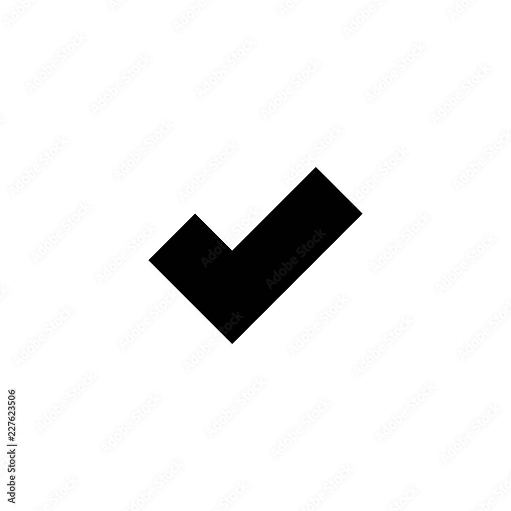 Valid Seal icon. Black thick tick. Flat OK sticker icon. Isolated on white. Accept button. Valid Seal icon. Black thick tick. Flat OK sticker icon. Isolated on white. Accept button.