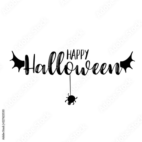 Happy halloween party title logo template. Bat wings shape with evil pumpkin.