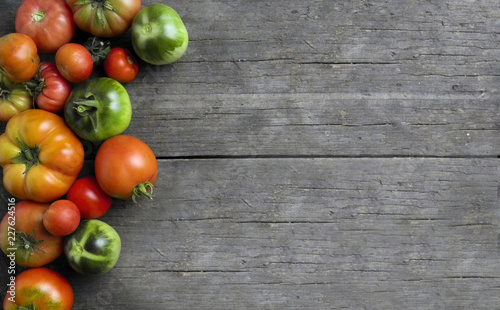 tomatoes, red, yellow , orange, green, healthy food, wooden background