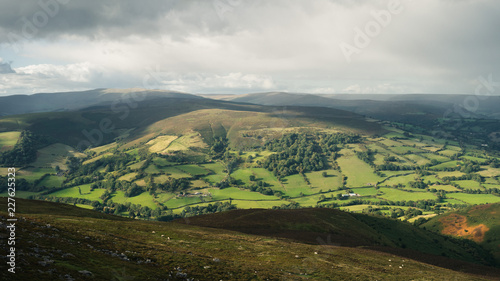 Landscape view from Sugarloaf hill towards Black Mountains near Abergavenny, Wales