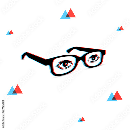 3d glasses with chromatic aberration and eyes on lens, illustration for graphic design. Vector on white background