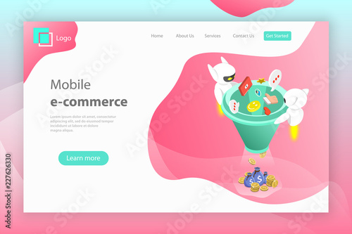 Flat isometric vector landing page header of chatbot sales funnel, ai, artificial intelligence, customer support, markting strategy.