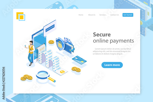 Flat isometric vector landing page header for online payment, money transfer, mobile wallet, receipt.