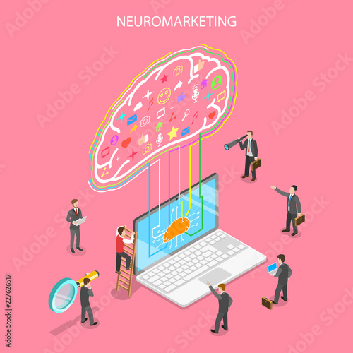 Isometric flat vector concept of neuromarketing, digital compaign, commercial marketing strategy, ai, artificial intelligence.