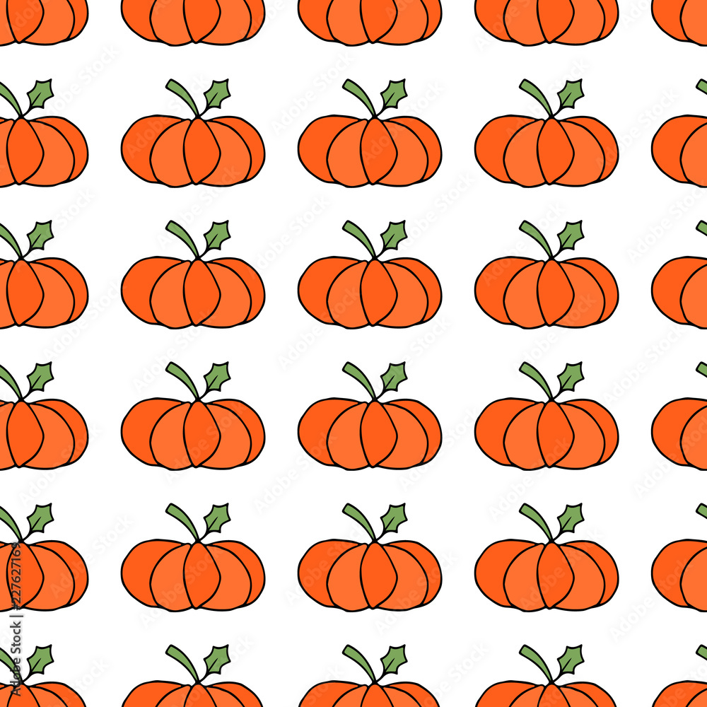 Seamless background Orange pumpkin with green leaf Seamless background Orange pumpkin with green leaf
