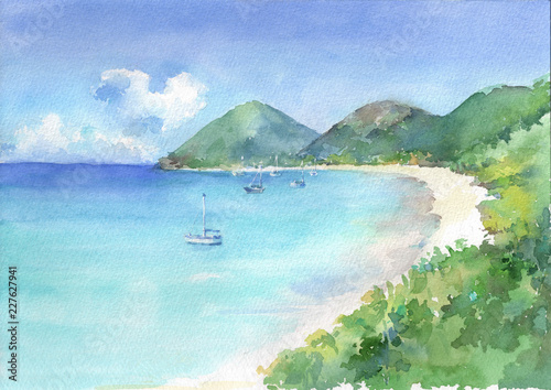 View of paradise bay with turquoise see water and white sandy beach. Watercolor hand drawn illustration.