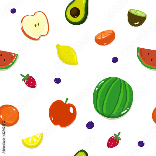 Fototapeta Naklejka Na Ścianę i Meble -  Fruit seamless pattern, background with different fruits and berries on a white.
