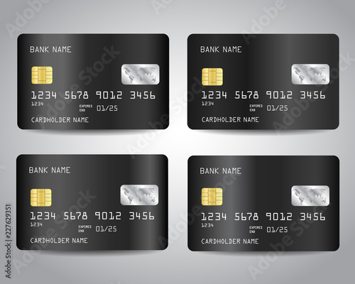 Black credit cards set with abstract black chrome metallic gradient design background