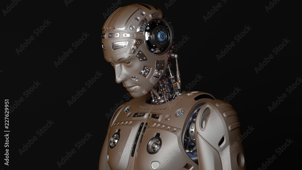 3D Render Futuristic Robot man looking downwards 3D Render Futuristic Robot man looking downwards