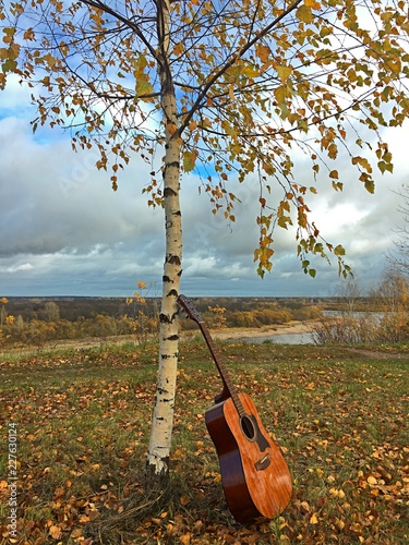 Guitar near birch in front of the river in autumn