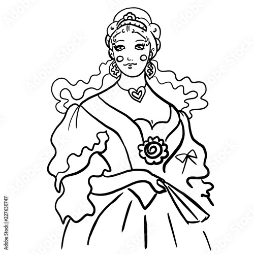 Wallpaper Mural Black contour woman sketch in antique ball gown dress. Queen, princess in diadem on curly combed hair. Jewelry, heart on her neck, fan in the hand, corset. Beauty illustration for coloring book,design Torontodigital.ca