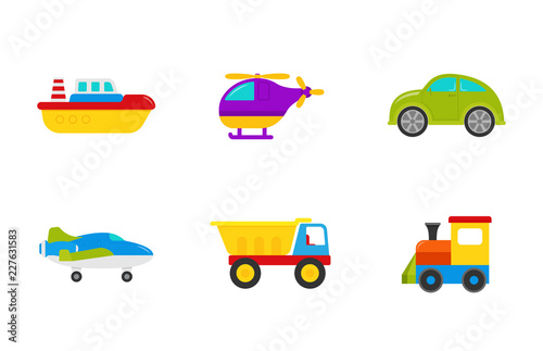 Baby toys. Vector. Set kids transport toy with car  boat  truck  plane  train  and helicopter. Cute baby shower elements in flat design isolated on white background. Colorful cartoon illustration.