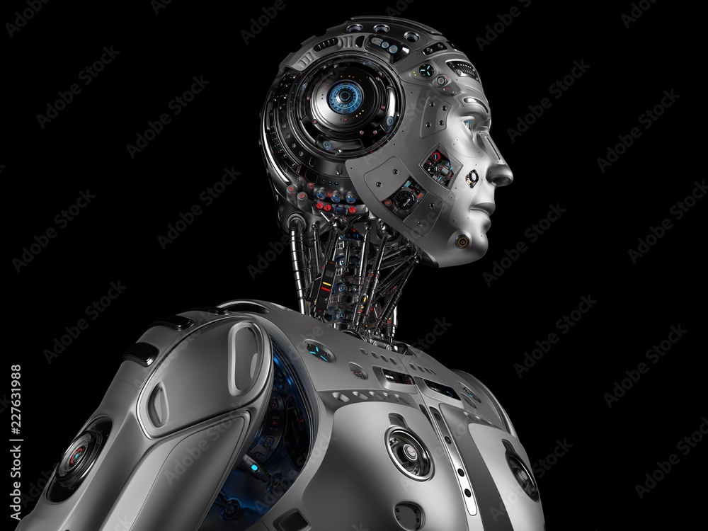 3D Render Futuristic Robot Man on black background 3D Render Futuristic Robot Man on black background