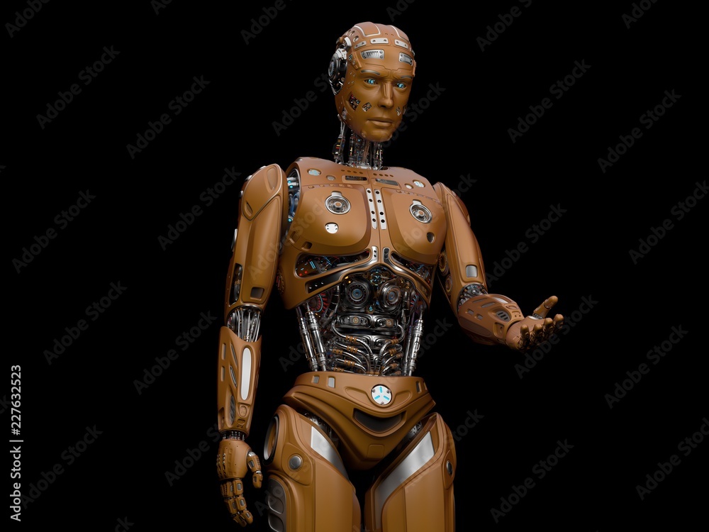 3D Render Futuristic Robot man giving a helping hand on black background