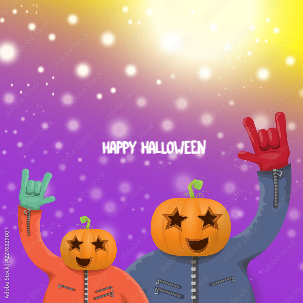 vector Happy halloween hipster party background. man in halloween costume with carved pumpkin head on violet layout with blur and lights. Happy halloween rock concert poster design