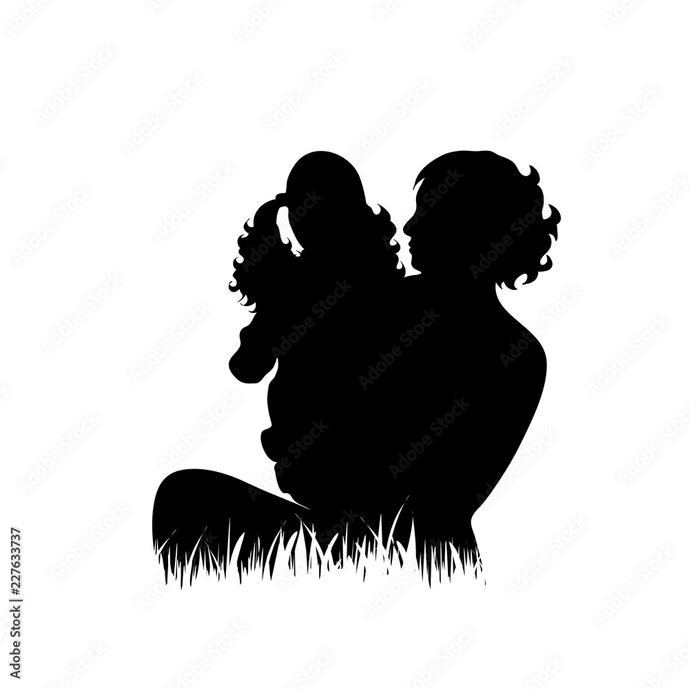 Vector silhouette of mother with her daughter in the grass on white background. Vector silhouette of mother with her daughter in the grass on white background.