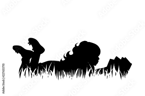 Vector silhouette of girl read book in the grass on white background.