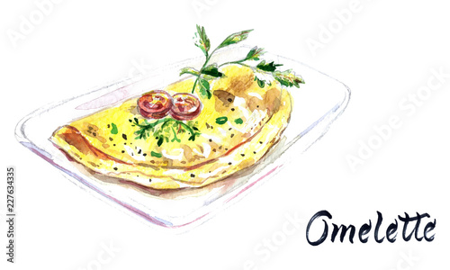 Italian egg omelette with tomatoes, herbs on a white plate, watercolor hand drawn illustration