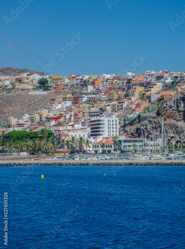 Fototapeta Naklejka Na Ścianę i Meble -  San Sebastian of La Gomera cityscape , coastline with mountains and blue sky , La Gomera, Canary islands, Spain