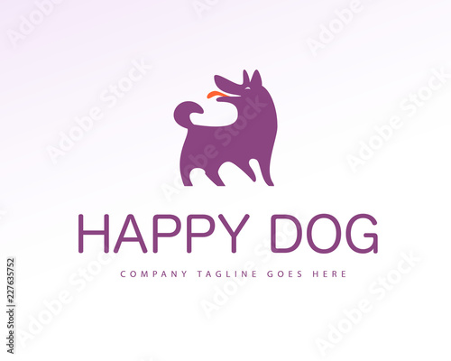 Vector flat simple logo with happy dog silhouette icon stand isolated on white background. Good for dog lovers, pet shop emblem, animal clinic, puppy center, shelter, veterinary etc.