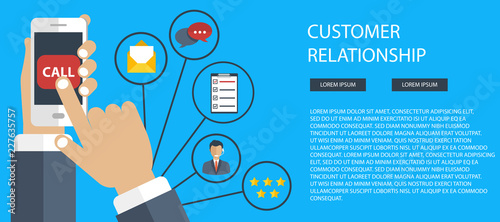 Business customer care service concept. Icons set of contact us, support, help, phone call and website click. Man sitting on the floor and holding lap top with telephone by his side. Flat vector