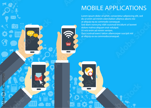 Mobile applications concept. Hands with phones. Flat vector illustration.