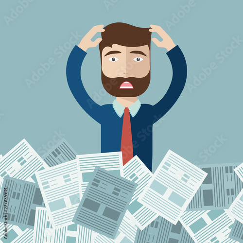 Businessman with pile of paper, business concept. Worried businessman. Deadline concept. Flat vector illustration.