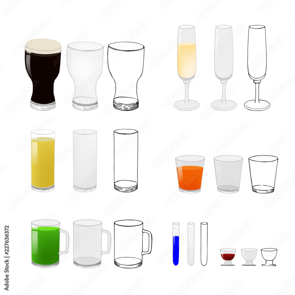 Glasses for beer, wine, and other beverages isolated on white background. Outline and flat drink glasses collection. Glasses for beer, wine, and other beverages isolated on white background. Outline and flat drink glasses collection.