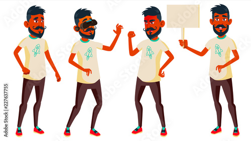 Teen Boy Poses Set Vector. Indian, Hindu. Asian. Positive Person. For Postcard, Cover, Placard Design. Isolated Cartoon Illustration