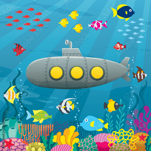 Cartoon submarine underwater landscape with coral reef and fish.