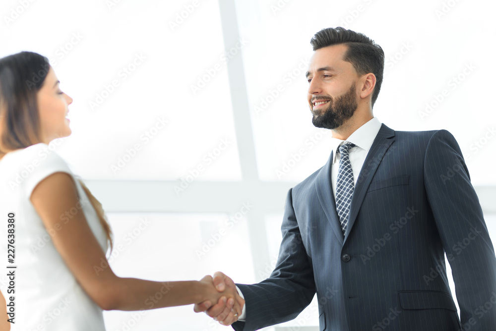 Image of business partners handshaking in office Image of business partners handshaking in office