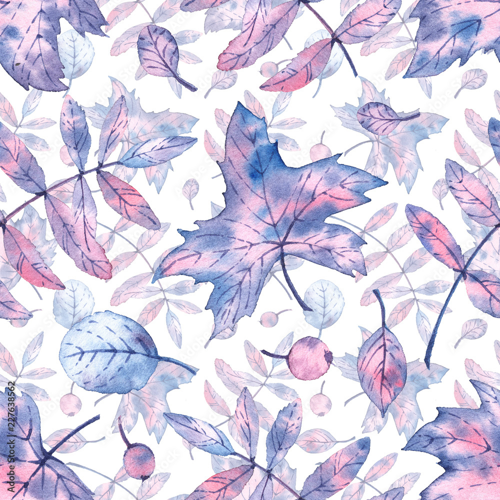 Pattern with watercolor winter leaves. Frozen autumn.
