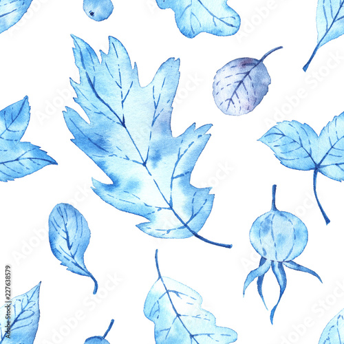Pattern with watercolor winter leaves. Frozen autumn. © asanova_nastya_art