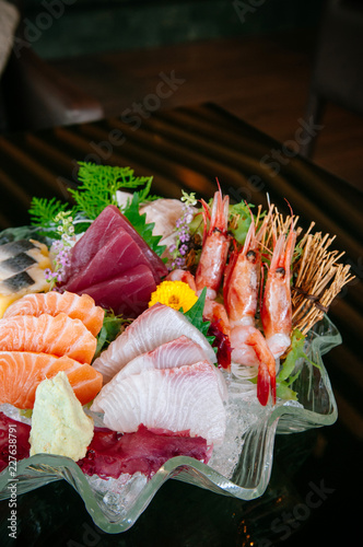 Premium sashimi on ice, Tai fish sashimi, Ebi sashimi, Maguro sashimi, salmon sashimi