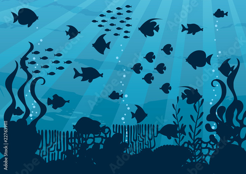Cartoon illustration of silhouette underwater world with corals and fish. 