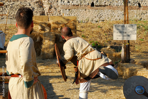 Spear throwing tournament during a medieval reenactment in the city of Benevento, Italy. 