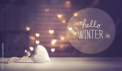 Hello Winter message with a white heart with heart shaped lights