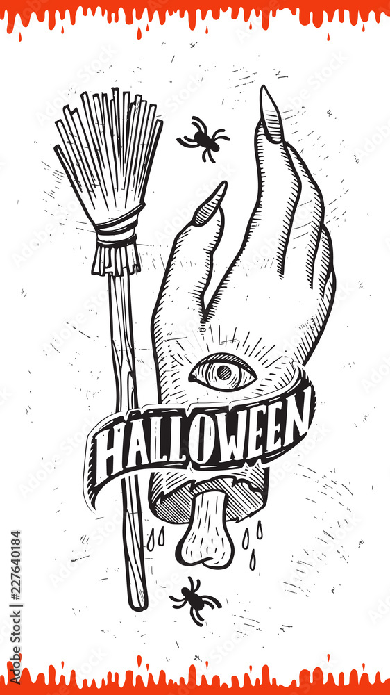 Fototapeta premium Halloween party invitation with hand-drawn illustrations.